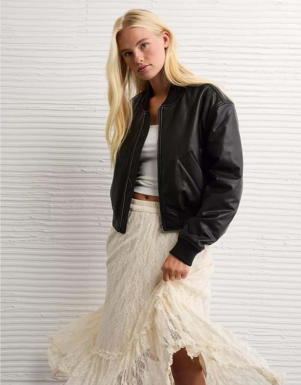 AE Faux Leather Cropped Bomber Jacket Product Image