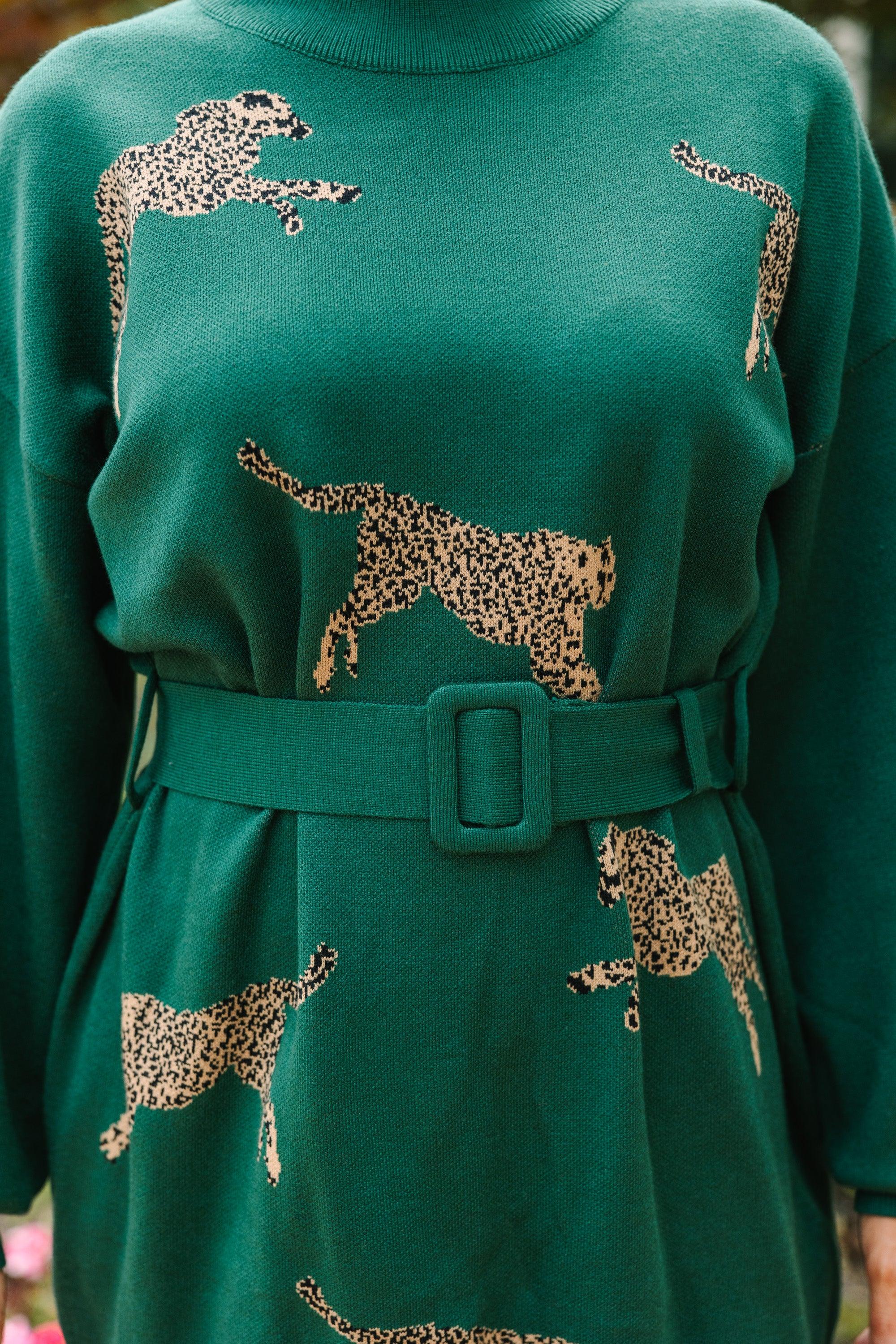 Quick Decisions Hunter Green Cheetah Sweater Dress Female Product Image