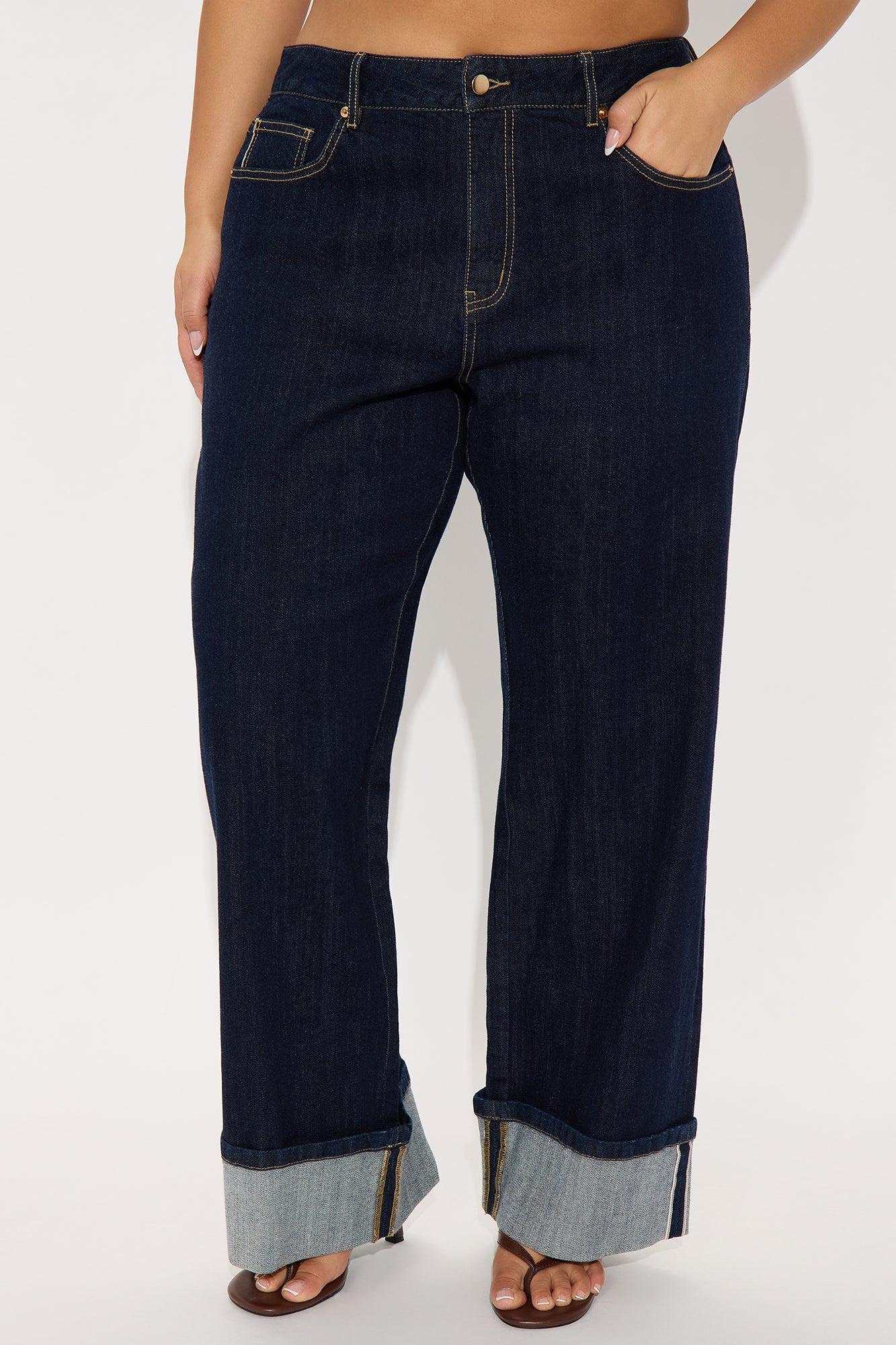Premium Cuffed Straight Leg Jeans - Dark Wash Product Image