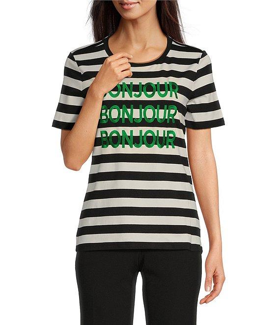 KARL LAGERFELD PARIS Jersey Knit Stripe Bonjour Crew Neck Short Sleeve Tee Product Image