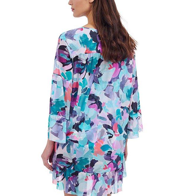 Profile by Gottex Holi Abstract Floral Print High Neck Flounce Sleeves Ruffle Hem Dress Swim Cover-Up Product Image