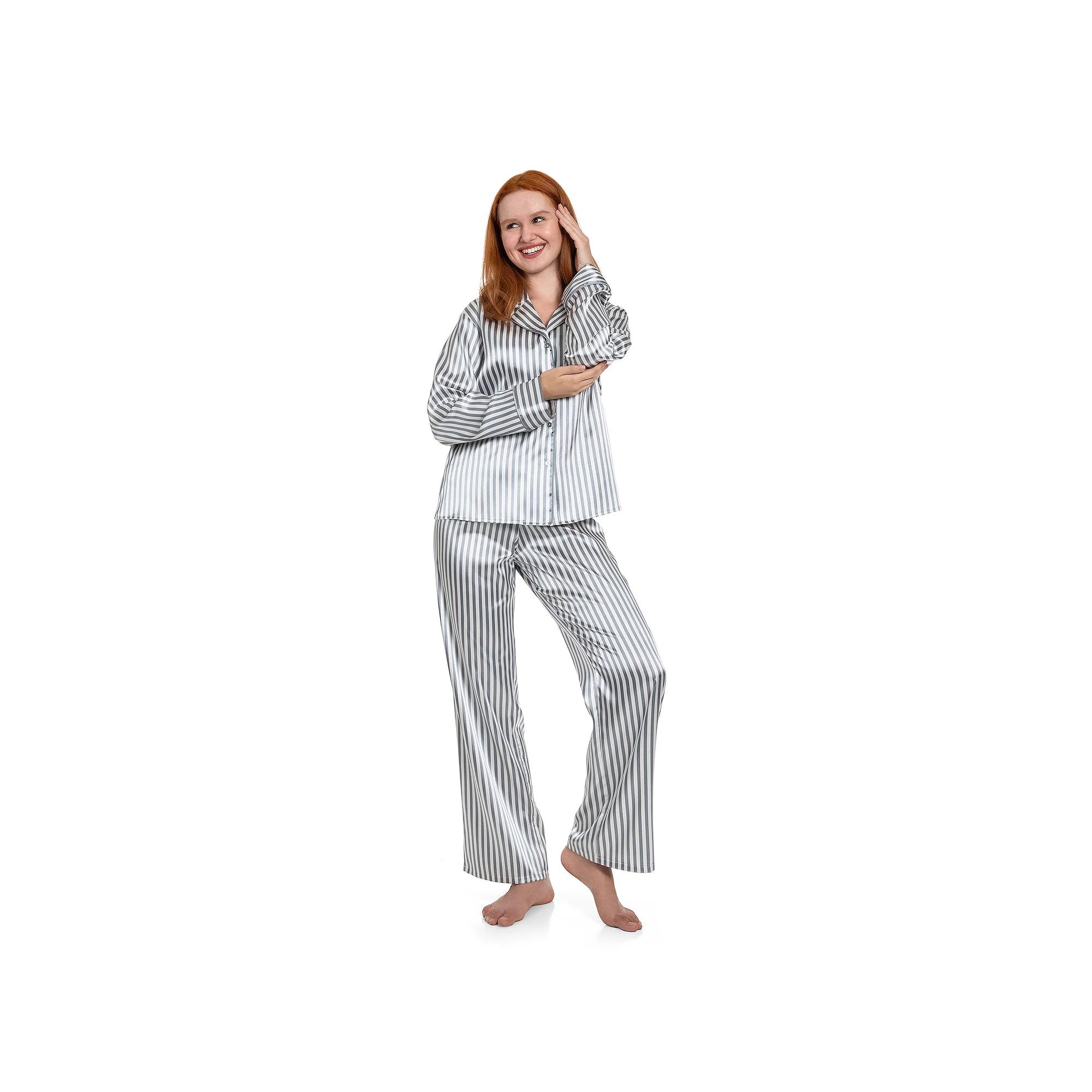Women's Lilac+London Long Satin Notch Collar Pajama Top & Pajama Bottoms Set,  Product Image