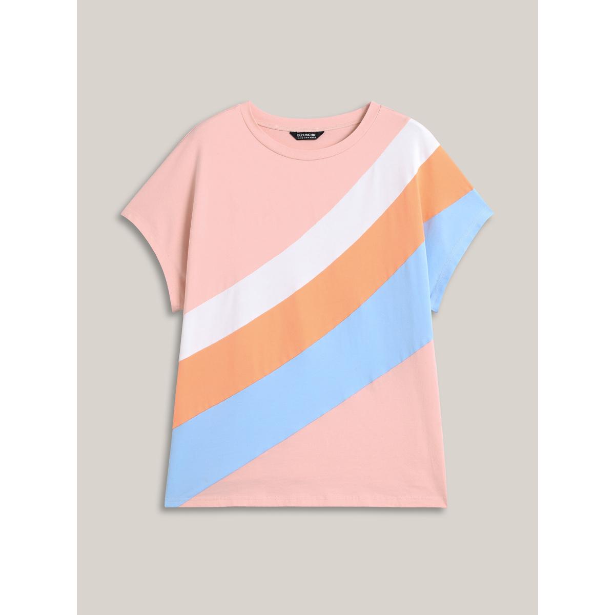 Plus Size Pure Cotton Colorful Stripes T-Shirt Multicolor Women Contrast Round Neck Everyday-Casual T-shirts BloomChic 12/L Product Image