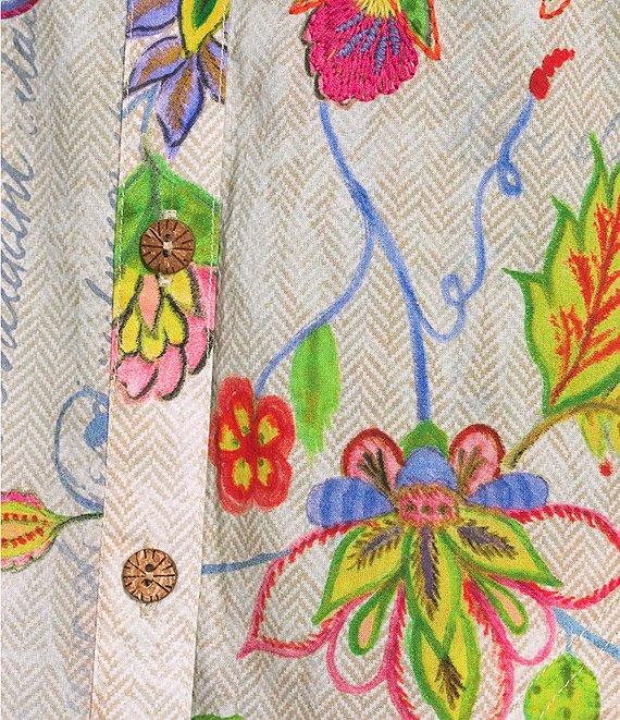 John Mark Embroidered Floral Point Collar Long Roll-Tab Sleeve Button Front Blouse Product Image