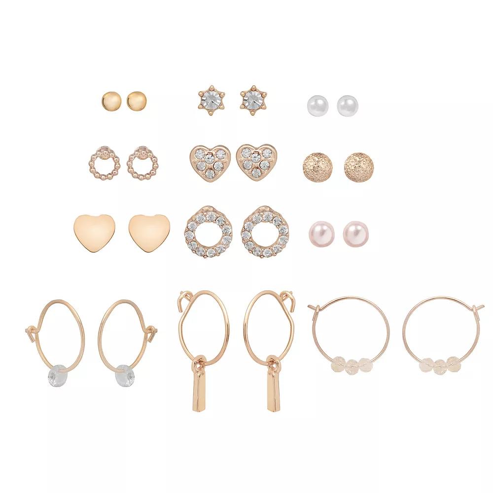 LC Lauren Conrad Gold Tone Crystal & Simulated Pearl Pave Icon Earrings 12-pack Set, Women's, Clear Product Image