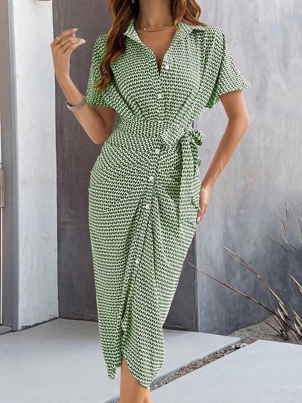 Bodycon Half Sleeves Buttoned Contrast Color Tied Waist Lapel Midi Dresses Product Image