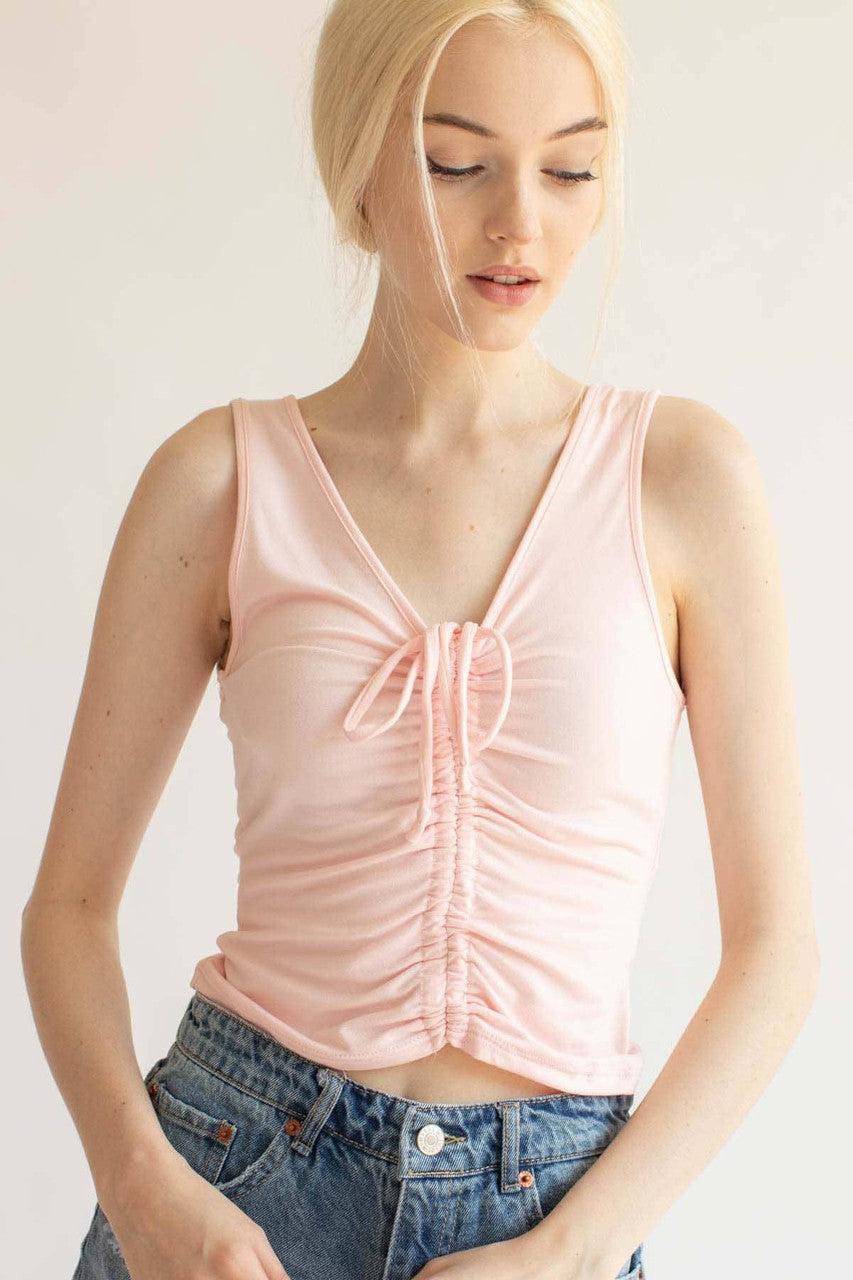 Pink Ruched Tie V Neck Tank Product Image
