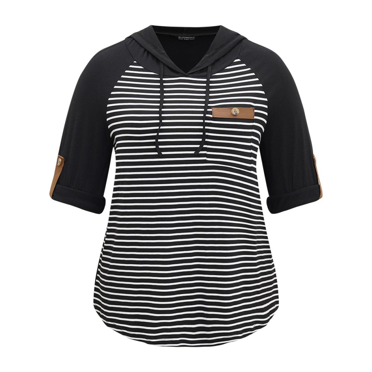 Plus Size Striped Patched Pocket Button Detail T-shirt Black Women Casual Patchwork Striped Hooded Dailywear T-shirts BloomChic 30/6X Product Image
