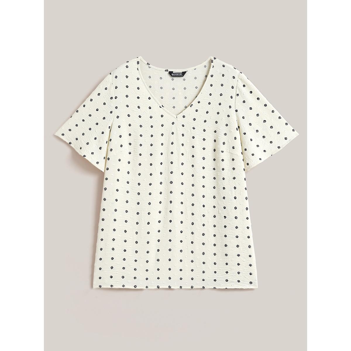 Plus Size Beige Textured Polka Dot Print Flared Sleeve Shirt Women Retro Short sleeve V-neck Elegant Blouses BloomChic 12/L Product Image
