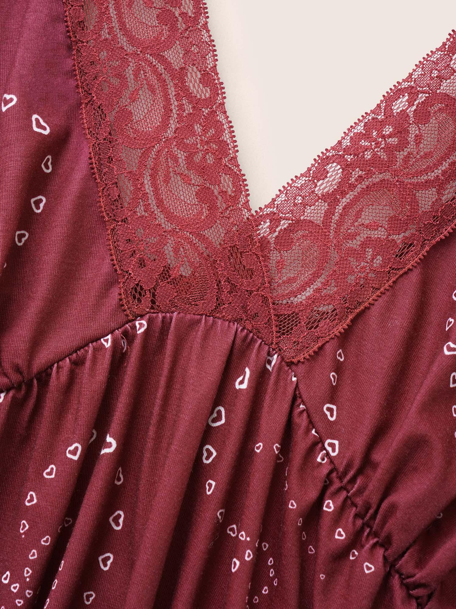 Heart Print Lace Panel Deep V Neck Sleep Dress Female Product Image