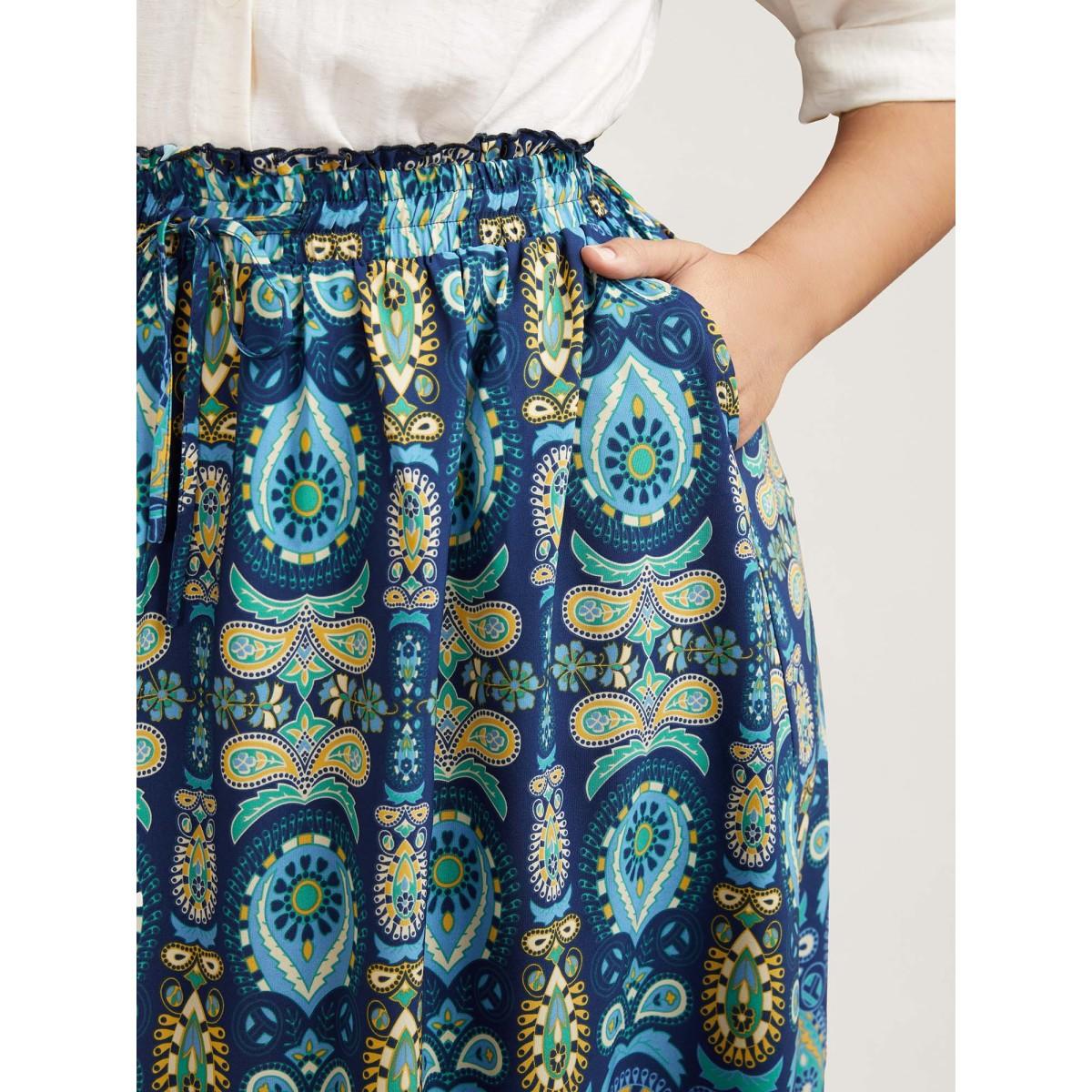 Plus Size Bohemian Floral Print Pleated Maxi Skirt Women Cerulean Resort Pleated Low stretch Slanted pocket Vacation Skirts BloomChic 30/6X Product Image