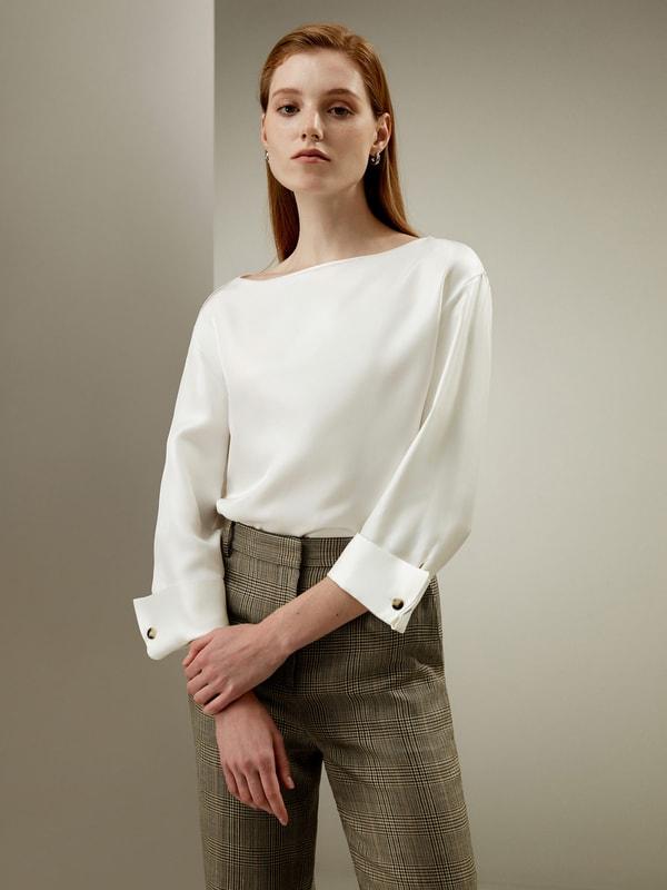 Silk Twill Blouse with Boat Neckline Product Image