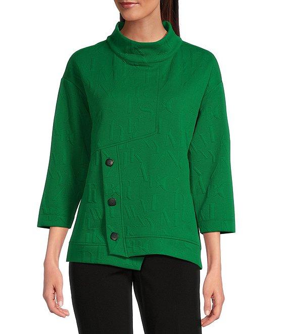 Ali Miles Knit Jacquard Button Detail Mock Neck 3/4 Sleeve Tunic Product Image