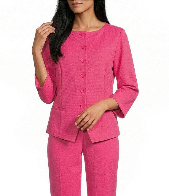 Investments Petite Size Boat Neck Button Front 3/4 Sleeve Pique Jacket Product Image