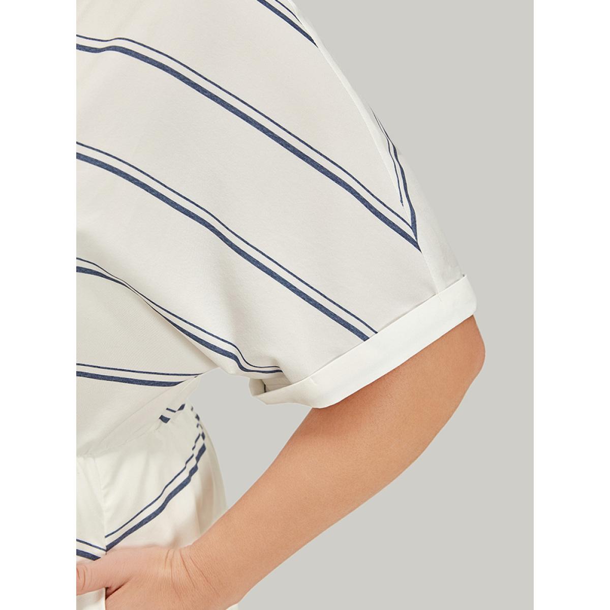 Plus Size Striped Notched Neck Pocket Roll Batwing Sleeve Dress White Women Office Lined Notched collar Short sleeve Curvy Midi Dress BloomChic 10/M Product Image