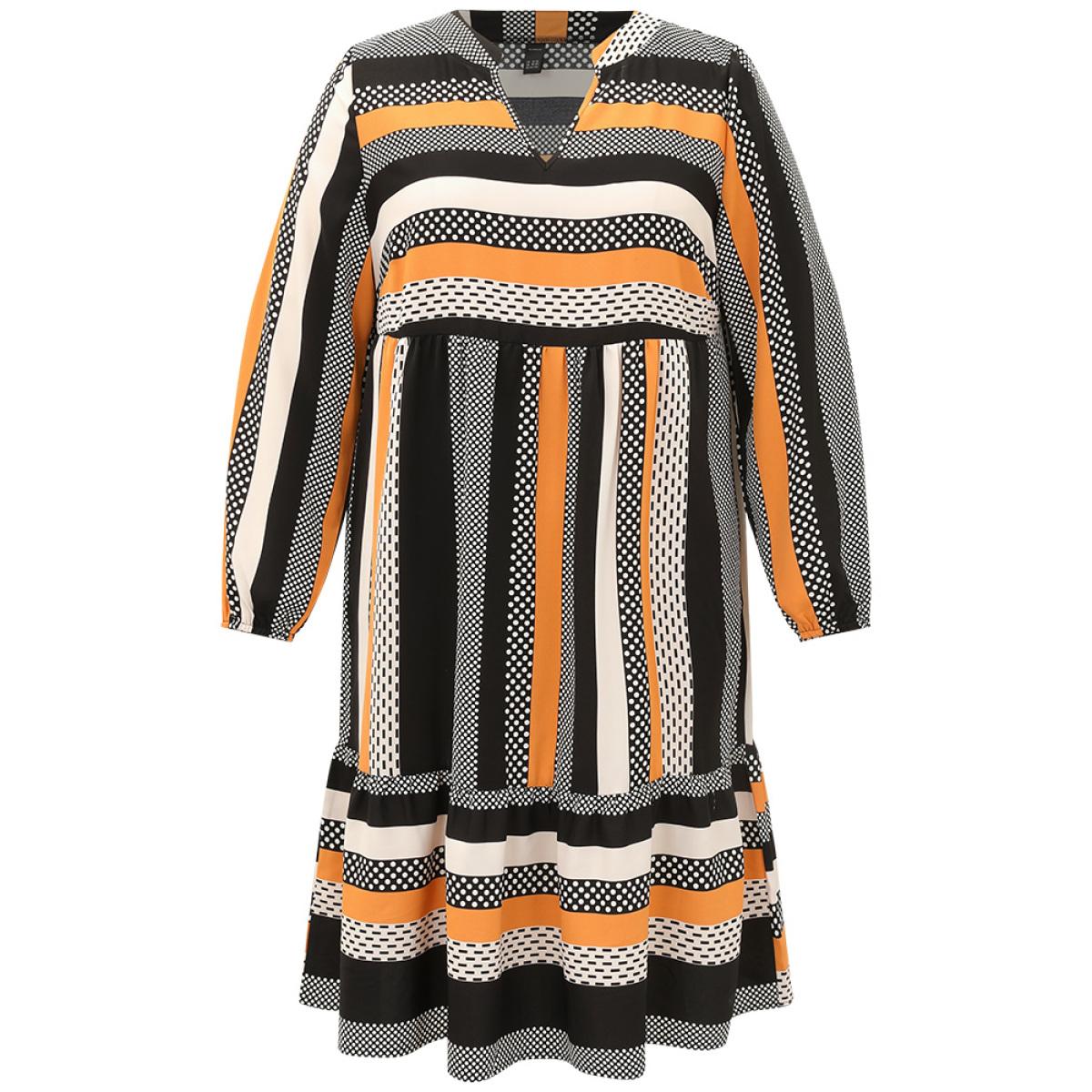 Plus Size Polka Dot & Striped Print Notched Pocket Dress Orange Women Office Elastic cuffs Notched collar Long Sleeve Curvy Midi Dress BloomChic 30/6X Product Image