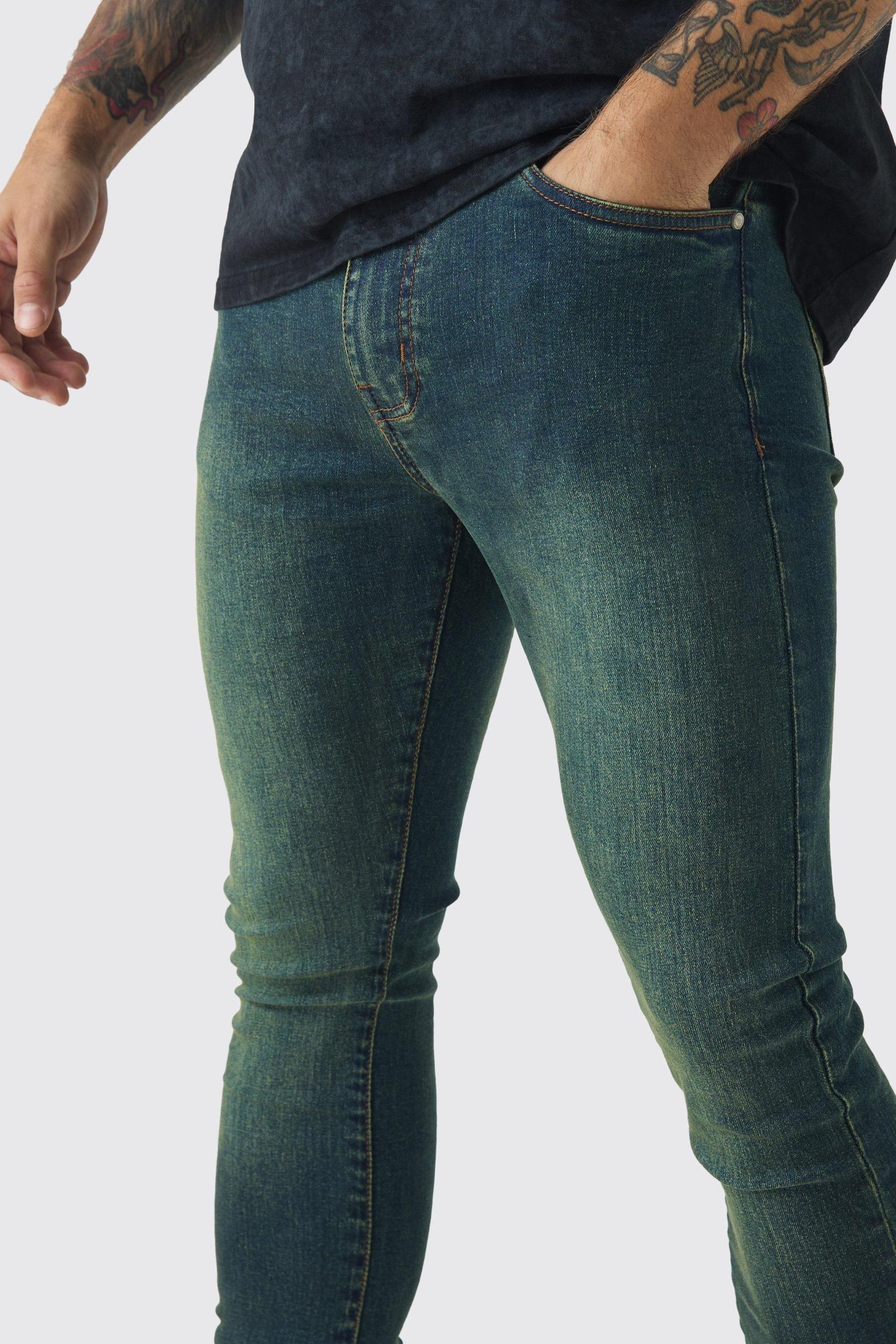 Super Skinny Stretch Stacked Green Tinted Jeans | boohooMAN USA Product Image