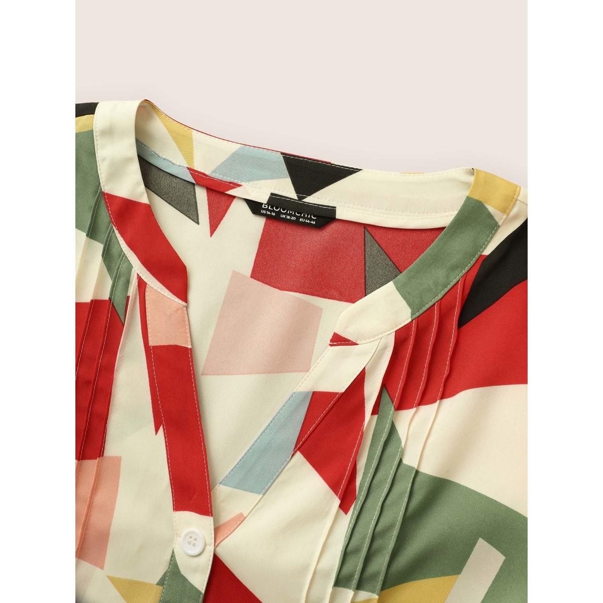 Plus Size Ivory Geometric Notched Pleated Tab Sleeve Blouse Women At the Office Elbow-length sleeve Flat collar Work Blouses BloomChic 22-24/3X Product Image