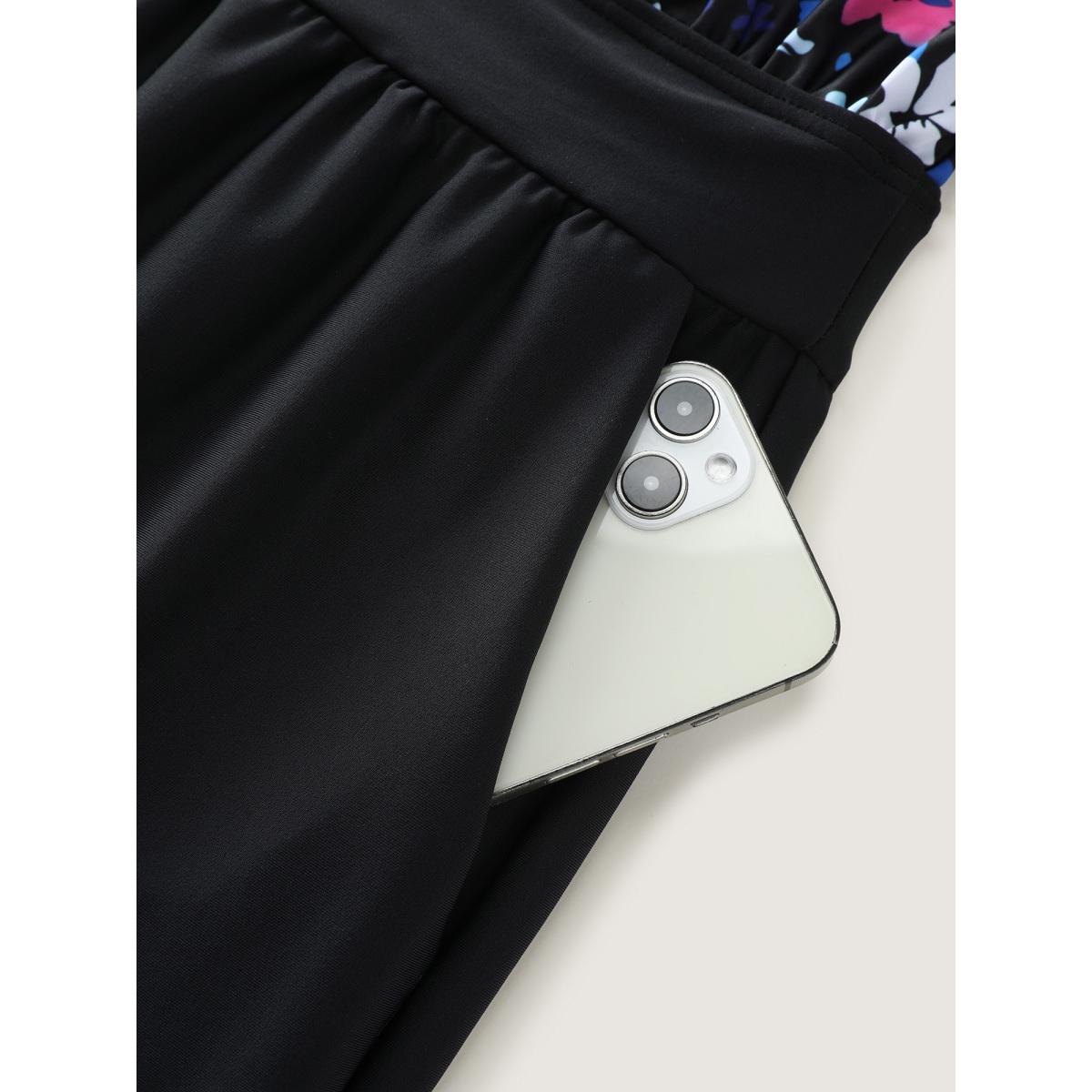 Plus Size Floral Print Keyhole Pockets Swim Romper Women's Swimwear DarkViolet Resort Pocket Curve Bathing Suits High stretch One Pieces BloomChic 12/L Product Image