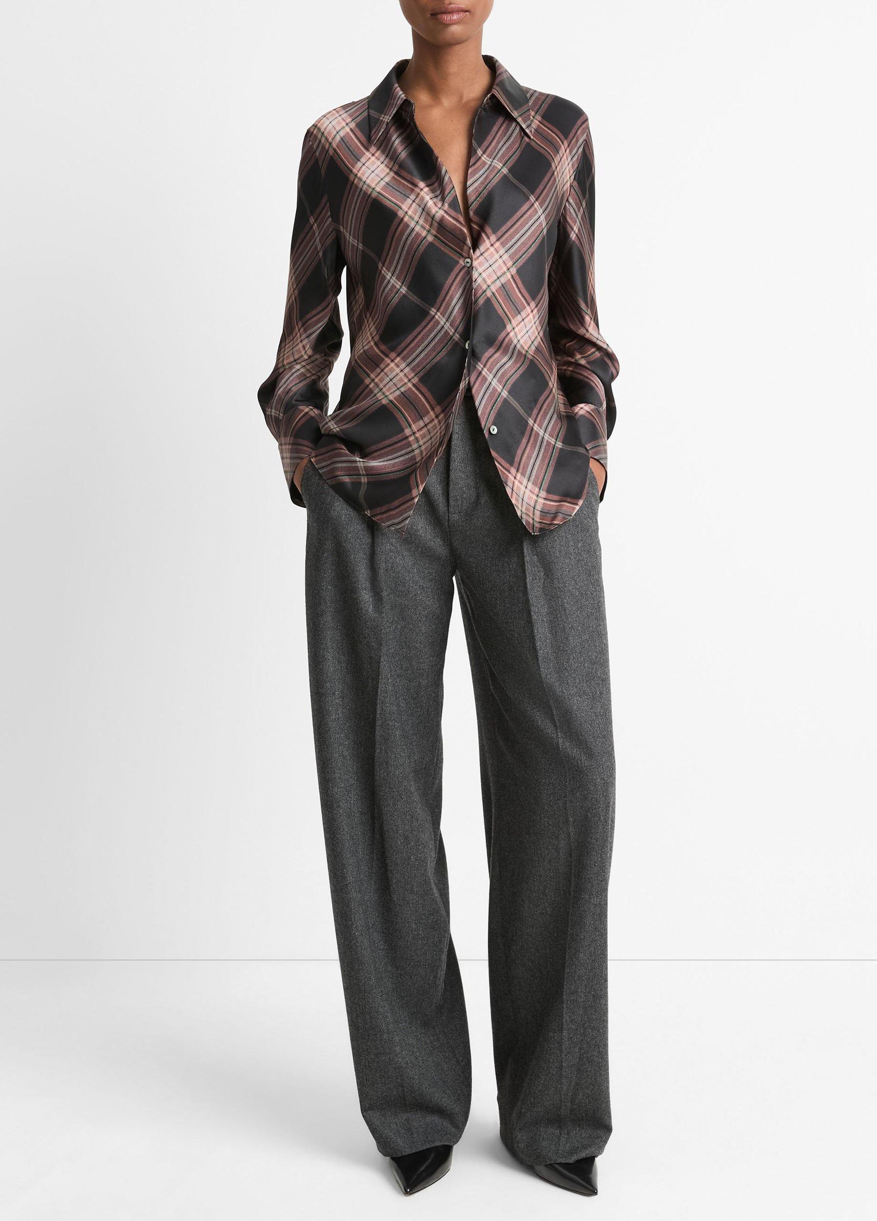 Plaid Silk Bias Long-Sleeve Blouse Product Image