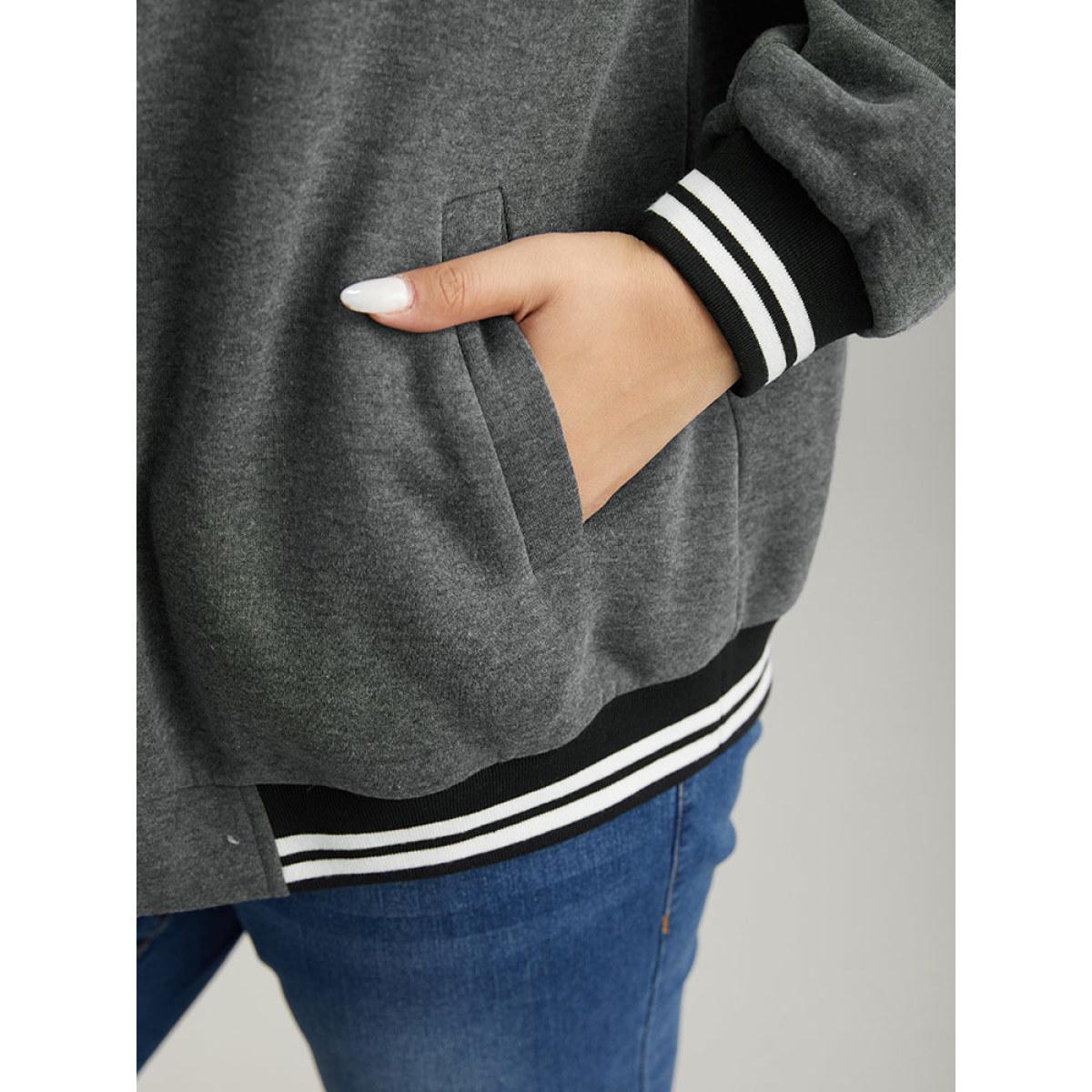 Plus Size Striped Patchwork Contrast Pocket Zipper Bomber Jacket Women DimGray Elastic cuffs Pocket Dailywear Jackets BloomChic 22-24/3X Product Image