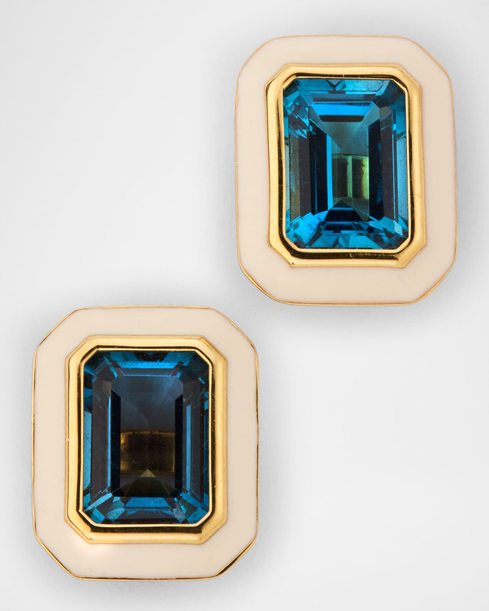 Queen 18K Yellow Gold London Blue Topaz Stud Earrings with White Enamel Product Image