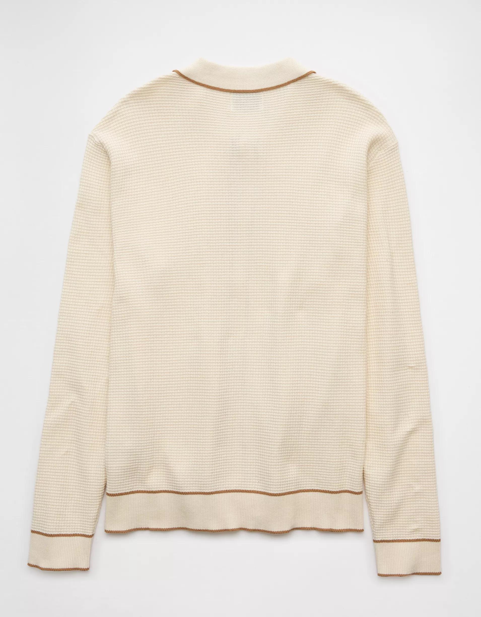 AE Long-Sleeve Tipped Waffle Sweater Polo Shirt Product Image