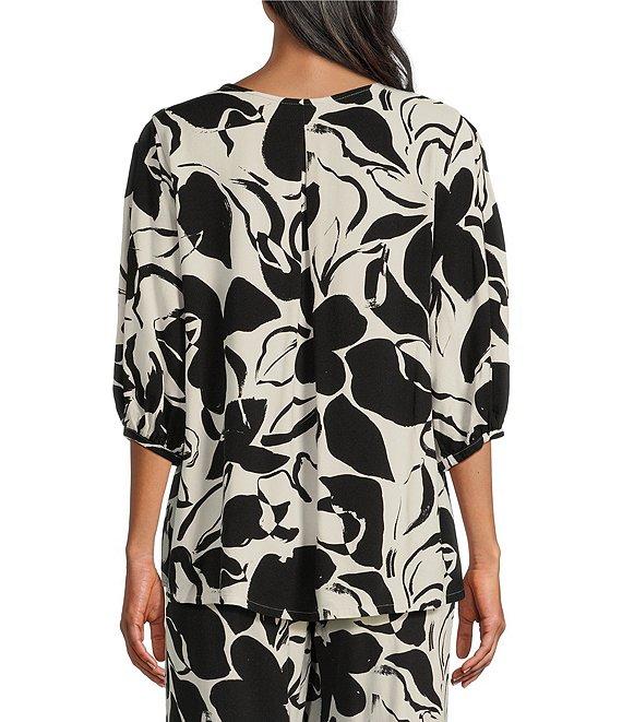 Bryn Walker Woven Lucinda Floral Petal Print Round Neck 3/4 Sleeve Hi-Low Hem Shirt Product Image