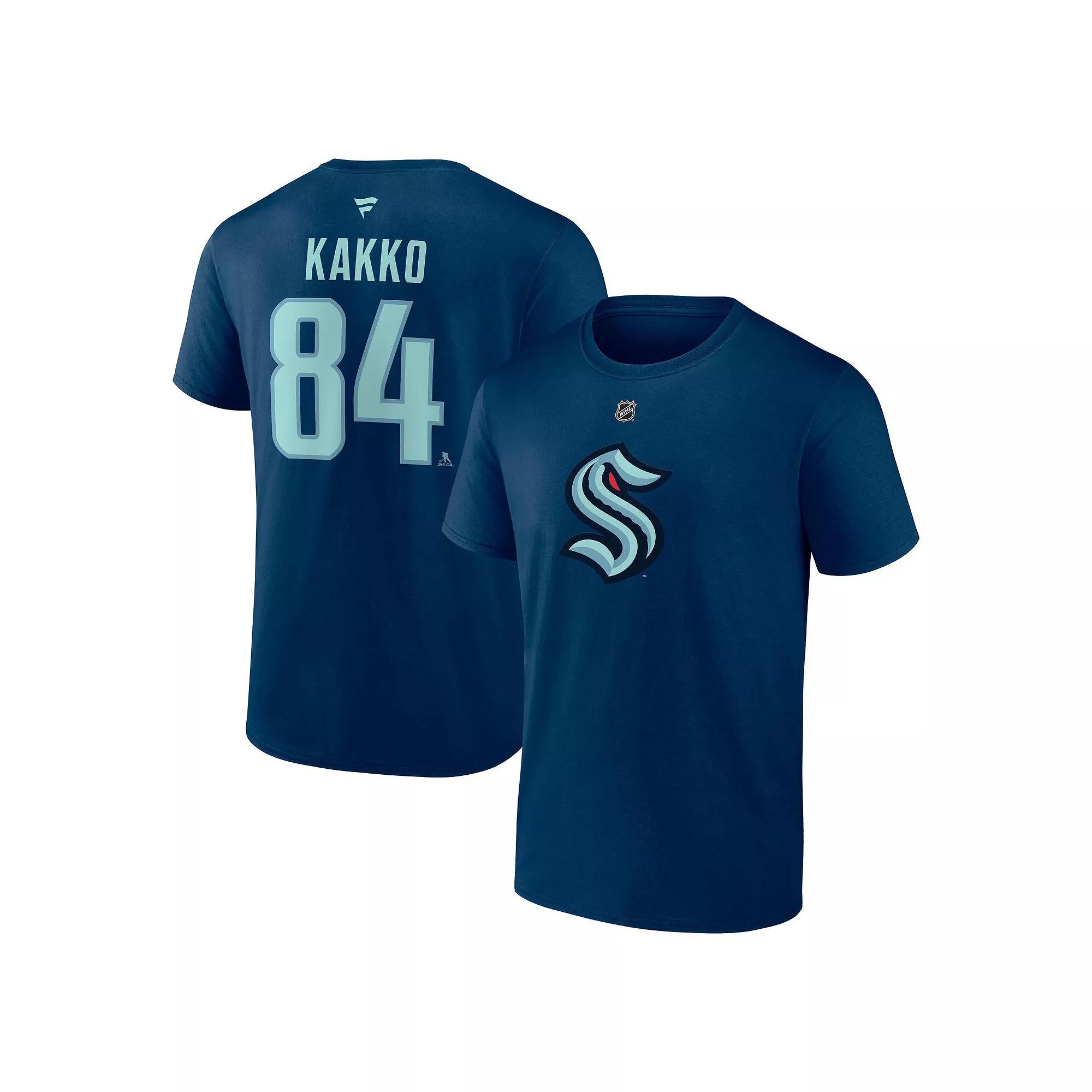 Men's Fanatics Kaapo Kakko Deep Sea Blue Seattle Kraken Authentic Stack Name & Number T-Shirt,  Product Image
