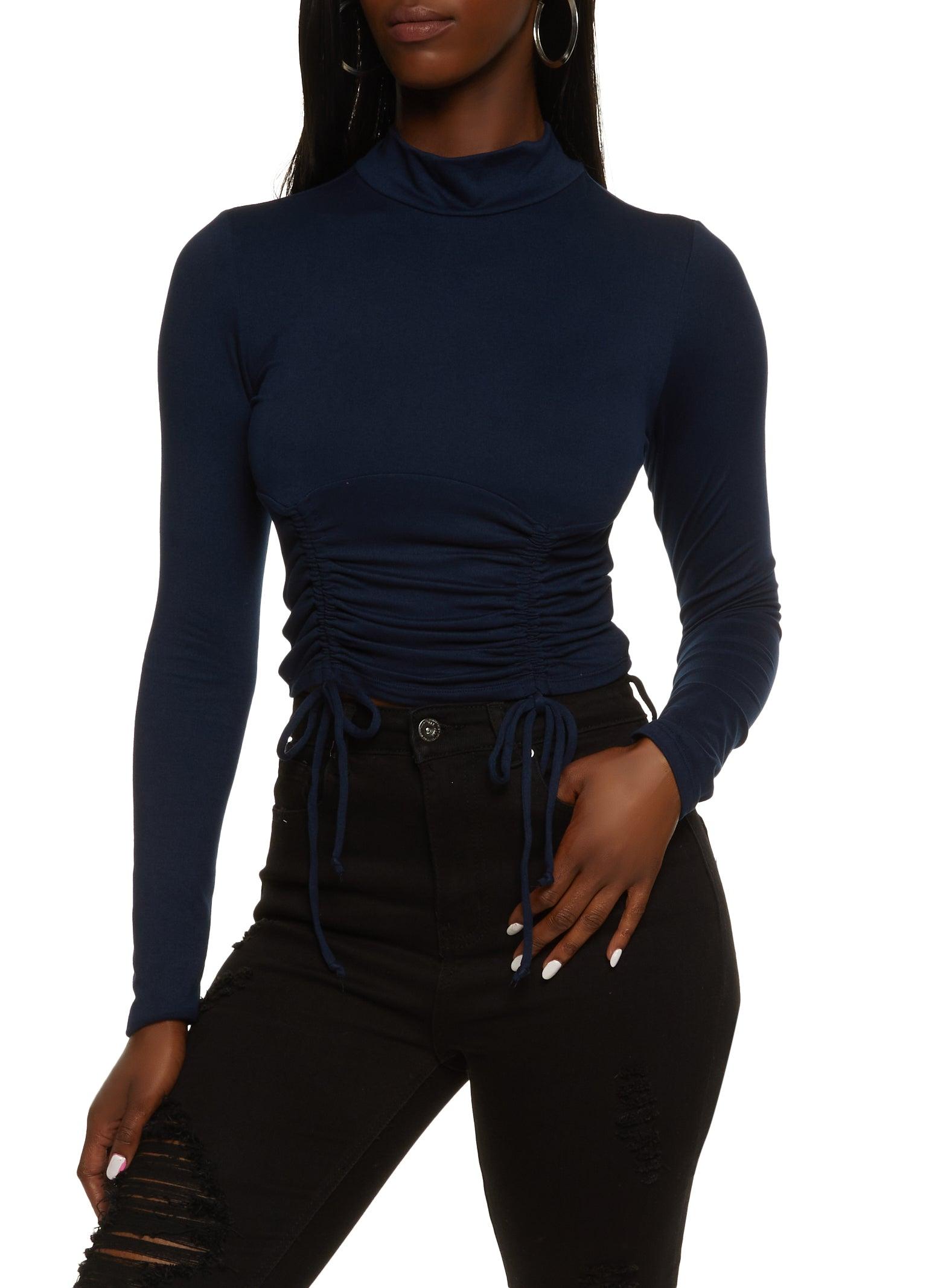 Womens Mock Neck Ruched Long Sleeve Crop Top Product Image