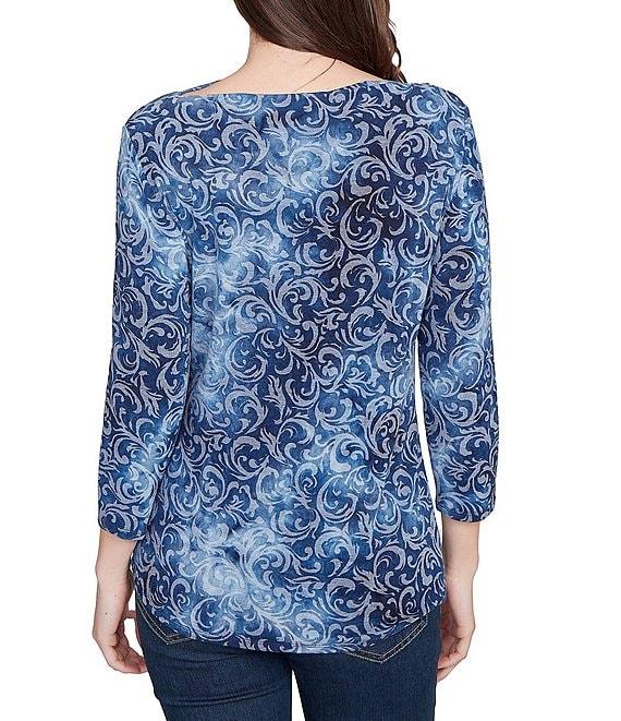 Ruby Rd. Textured Knit Tie-Dye Scroll Floral Boat Neck 3/4 Sleeve Top Product Image