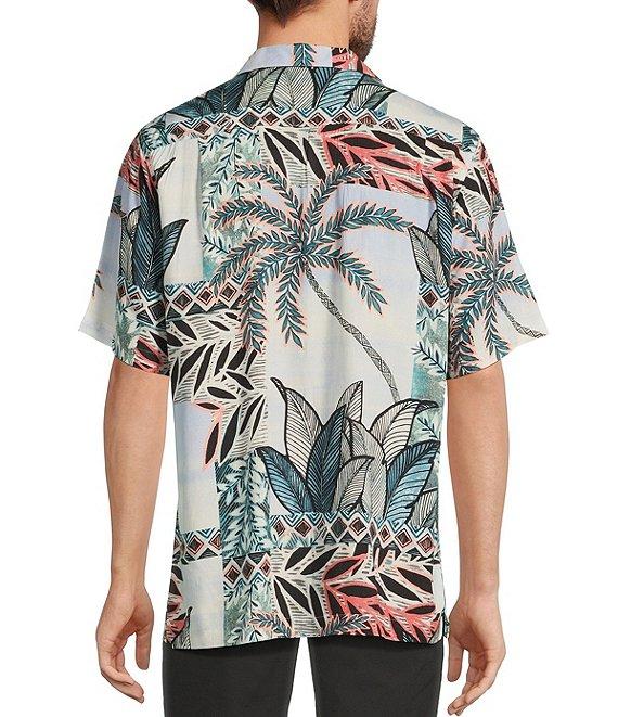 Caribbean Jacquard Patchwork Palm Print Short Sleeve Woven Camp Shirt Product Image