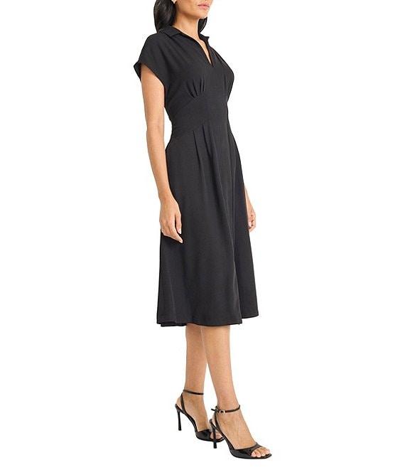 Maggy London Solid Drapery Twill Collared V-Neck Short Sleeves Pleated A-Line Midi Dress Product Image