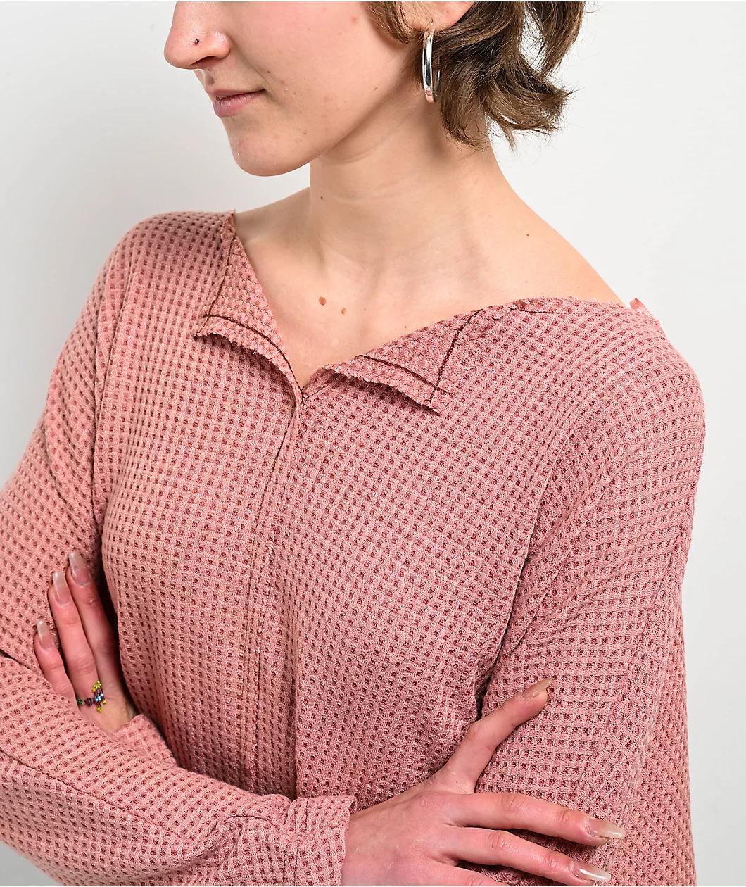 Blu Pepper Waffle Knit Split Neck Pink Long Sleeve T-Shirt Product Image