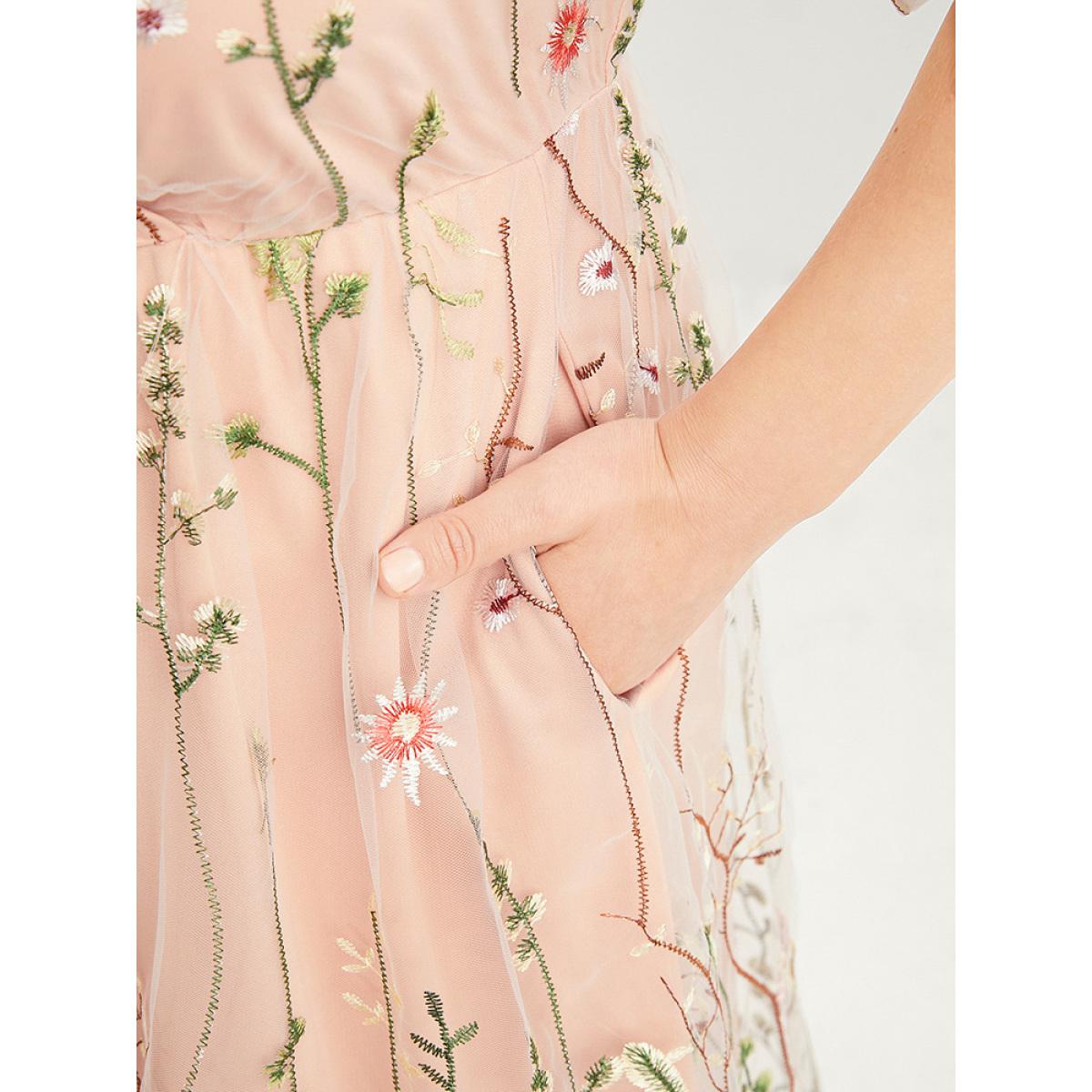 Plus Size Floral Embroidered Pocket Mesh Elastic Waist Surplice Neck Dress Rouge Women Glamour See through V-neck Short sleeve Curvy Midi Dress BloomChic 12/L Product Image