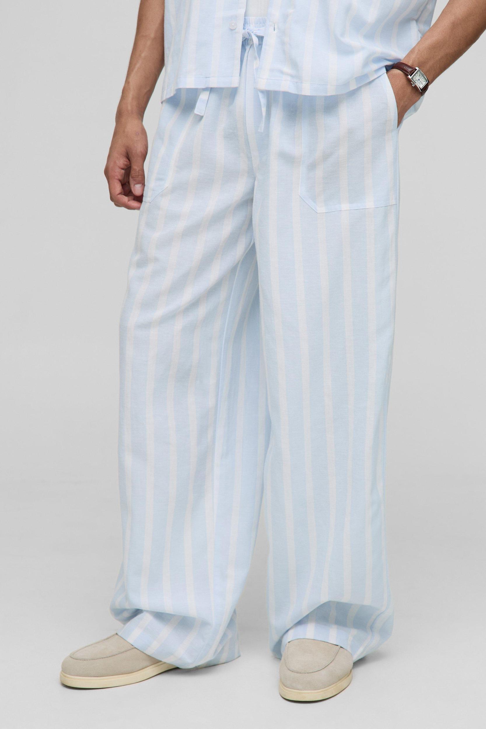 Baggy Fit Linen Look Stripe Elasticated Waist Pants | boohooMAN USA Product Image
