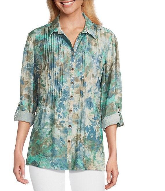 Multiples Crinkle Woven Printed Point Collar 3/4 Cinched Roll Tab Cuff Sleeve Button Front Shirt Product Image