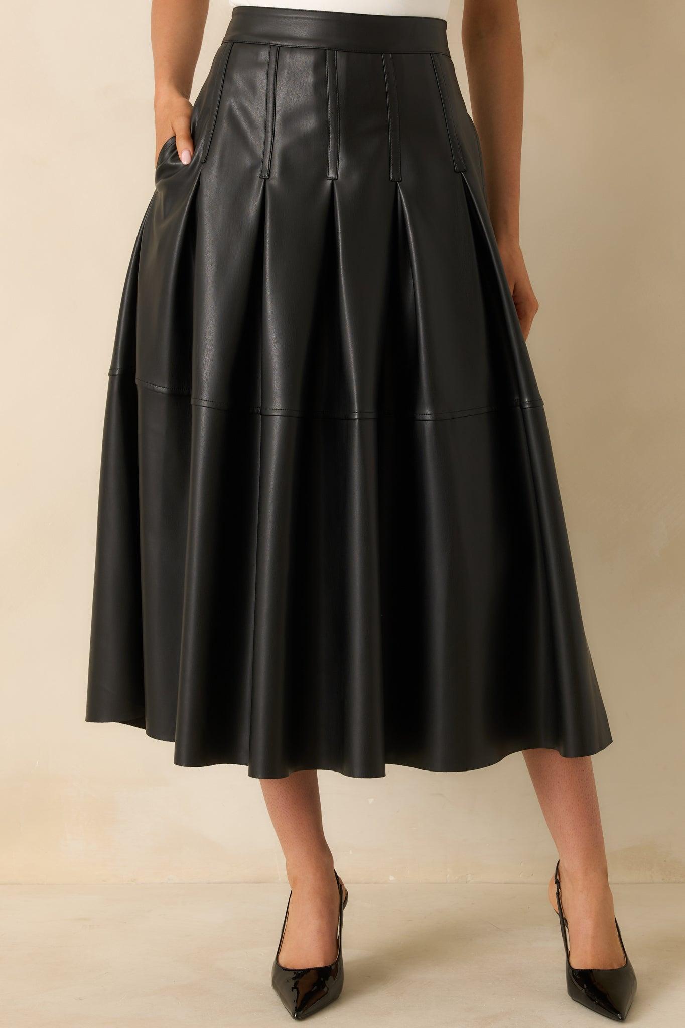 Cut To Perfection Black Faux Leather Pleated Midi Skirt Product Image