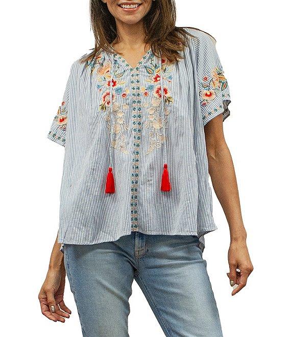 Karyn Seo Adira Floral Embroidered Tassel V-Neck Short Flutter Sleeve Top Product Image