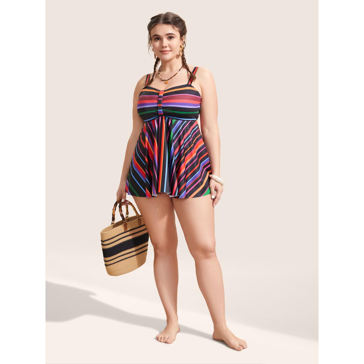 Plus Size Heart Neckline Striped Contrast Gathered Swim Top Women's Swimwear Black Beach Gathered High stretch Bodycon Heart neckline Curve Swim Tops BloomChic 14-16/1X Product Image