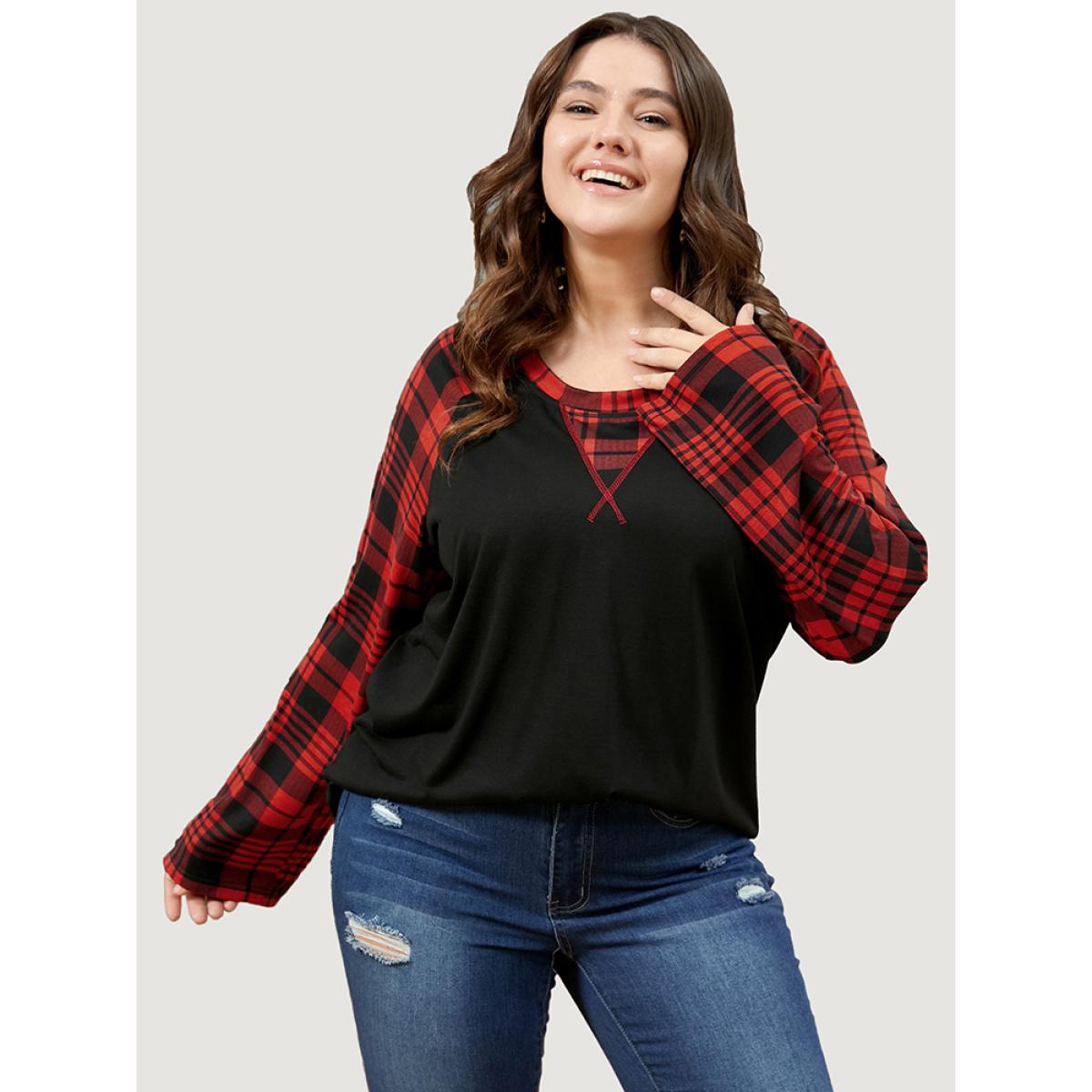 Plus Size Plaid Patchwork Bell Sleeve Long Tee Black Women Casual Contrast Plaid Round Neck Dailywear T-shirts BloomChic 26/4X Product Image