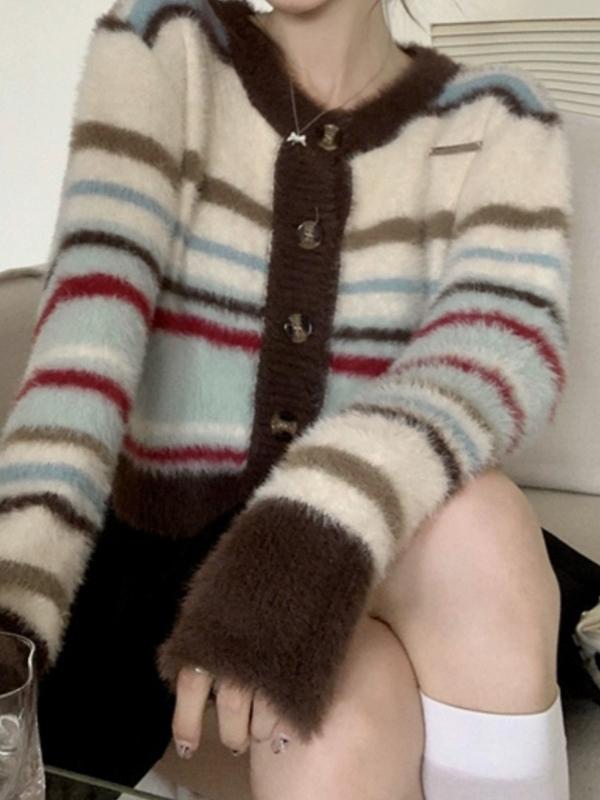 Colorful Striped Fuzzy Short Cardigan Product Image