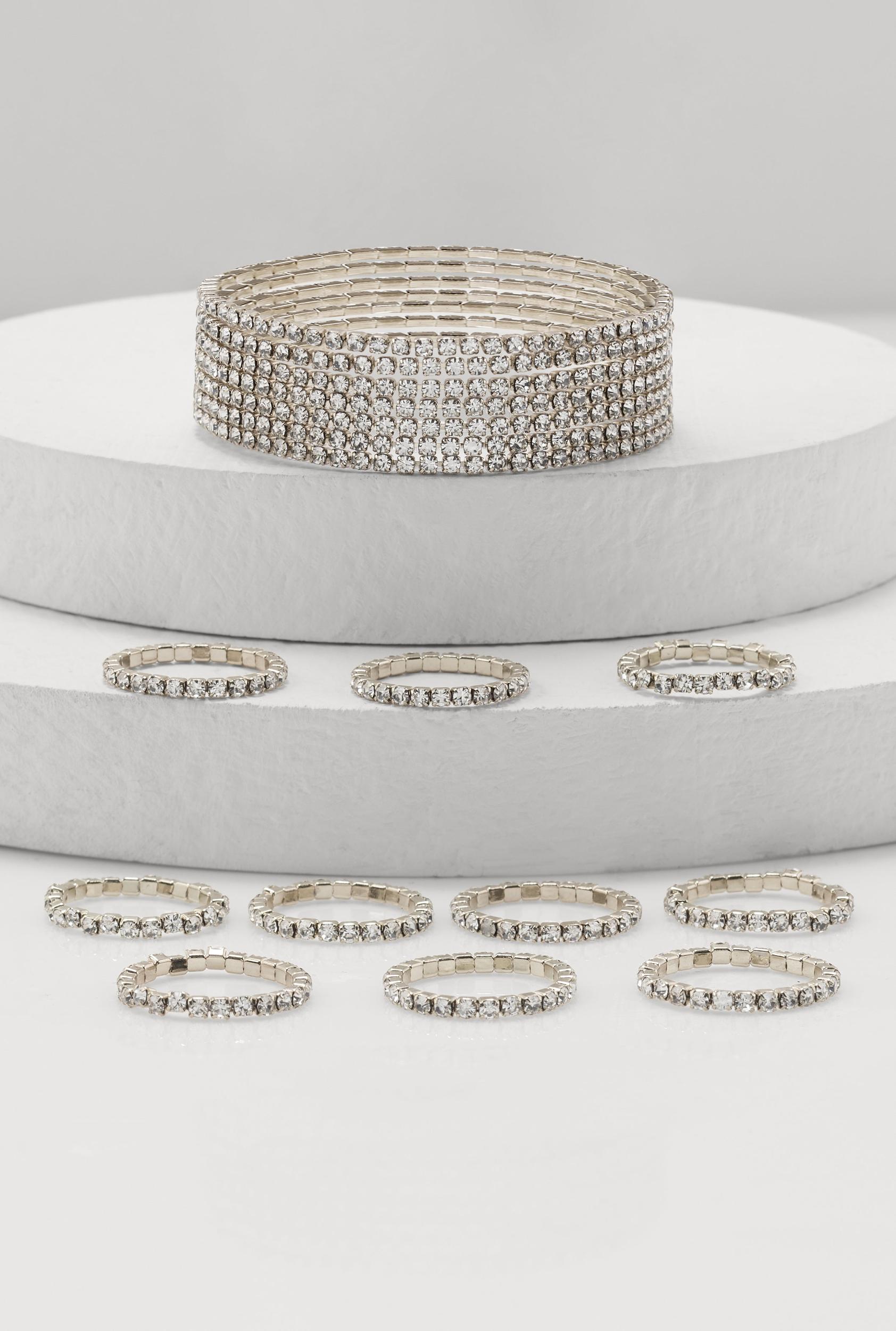 Layered Rhinestone Bracelet and Rings Set Unisex Product Image