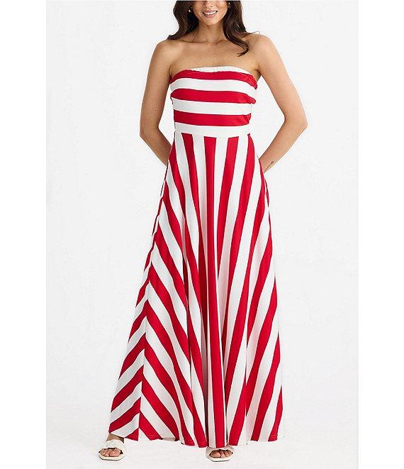 Brave + True Thandie Sleeveless Strapless Horizontal Bodice Stripe Fit And Flare Maxi Dress Product Image