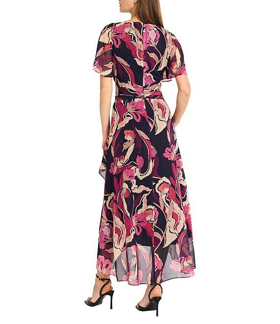 Maggy London Floral Yoryu Surplice V-Neck Flutter Sleeves Front Twist Midi Dress Product Image