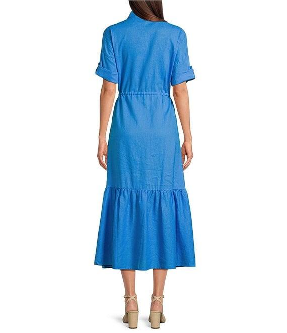 Charlie B. Linen Blend Point Collar Short Sleeve Drawstring Shirt Dress Product Image