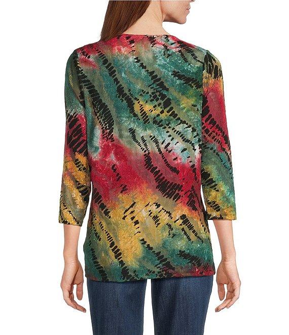 Leo & Nicole Jacquard Multi Color Print Crew Neck 3/4 Sleeve Side Cinched Tie Top Product Image