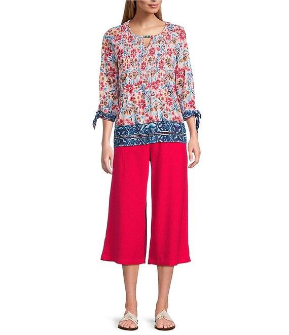 Allison Daley Pomegranate Floral Vine Border 3/4 Tie Sleeve Keyhole Neck Knit Top Product Image