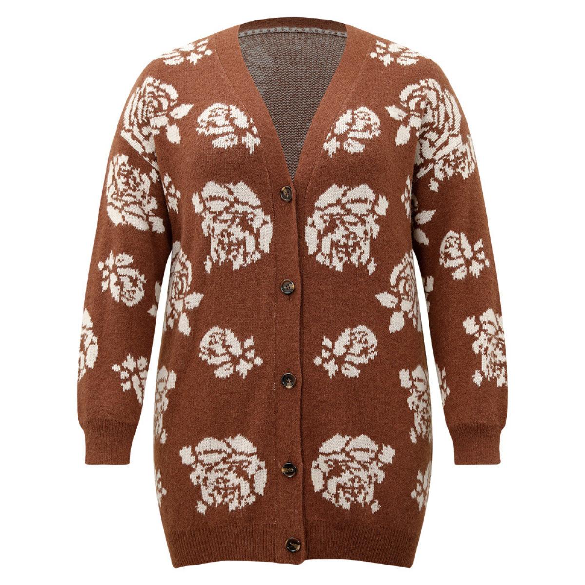 Plus Size Anti-Pilling Floral Print Drop Shoulder Cardigan Chocolate Women Casual Loose Long Sleeve Dailywear Cardigans BloomChic 14-16/1X Product Image
