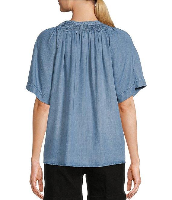 Westbound Woven Chambray Short Sleeve Y-Neck Button Front Top Product Image